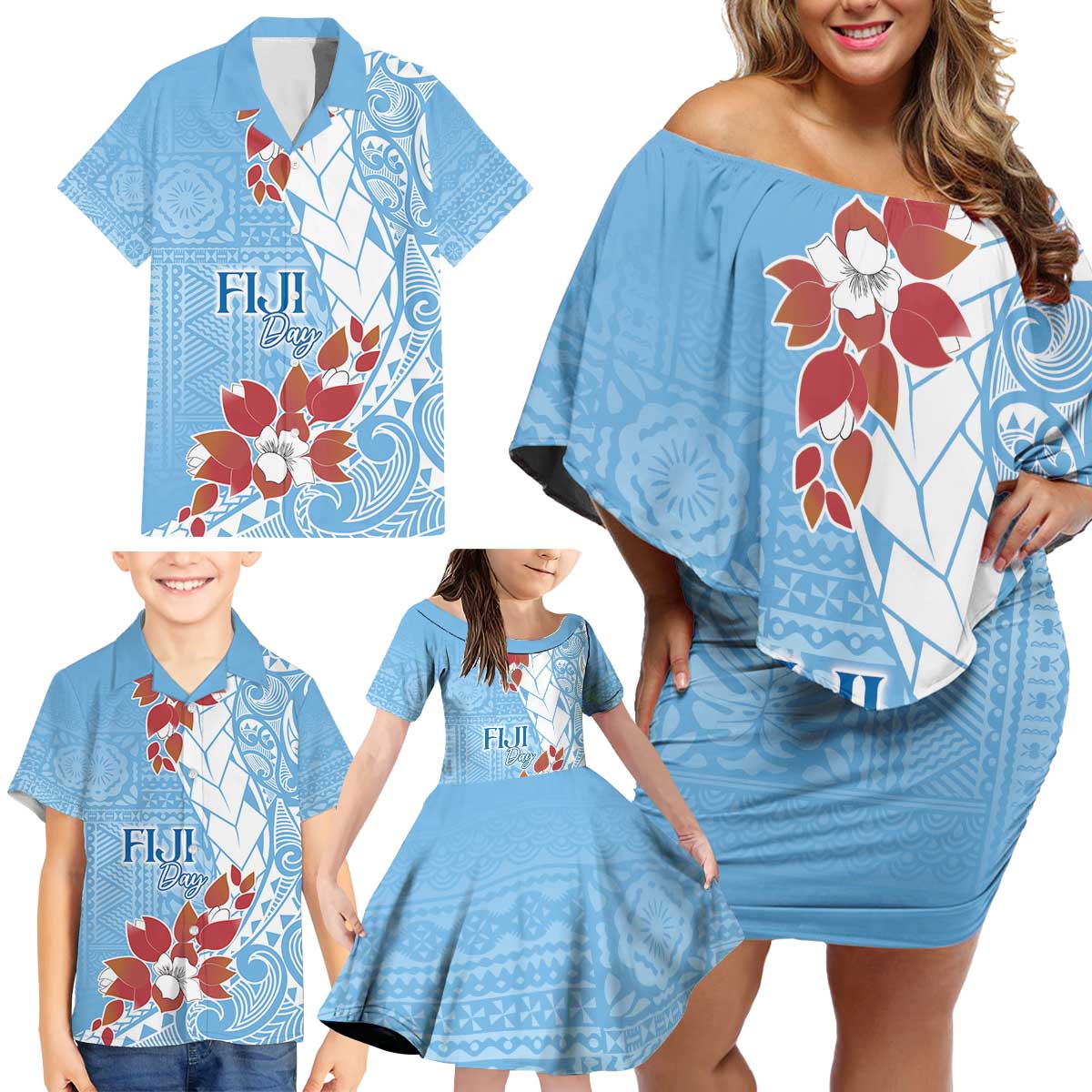 Bula Fiji Day Family Matching Off Shoulder Short Dress and Hawaiian Shirt Tagimaucia on Masi Pattern - Turquoise