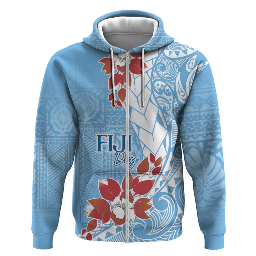 Bula Fiji Day Hoodie Tagimaucia on Masi Pattern - Turquoise LT7 Zip Hoodie Turquoise - Polynesian Pride