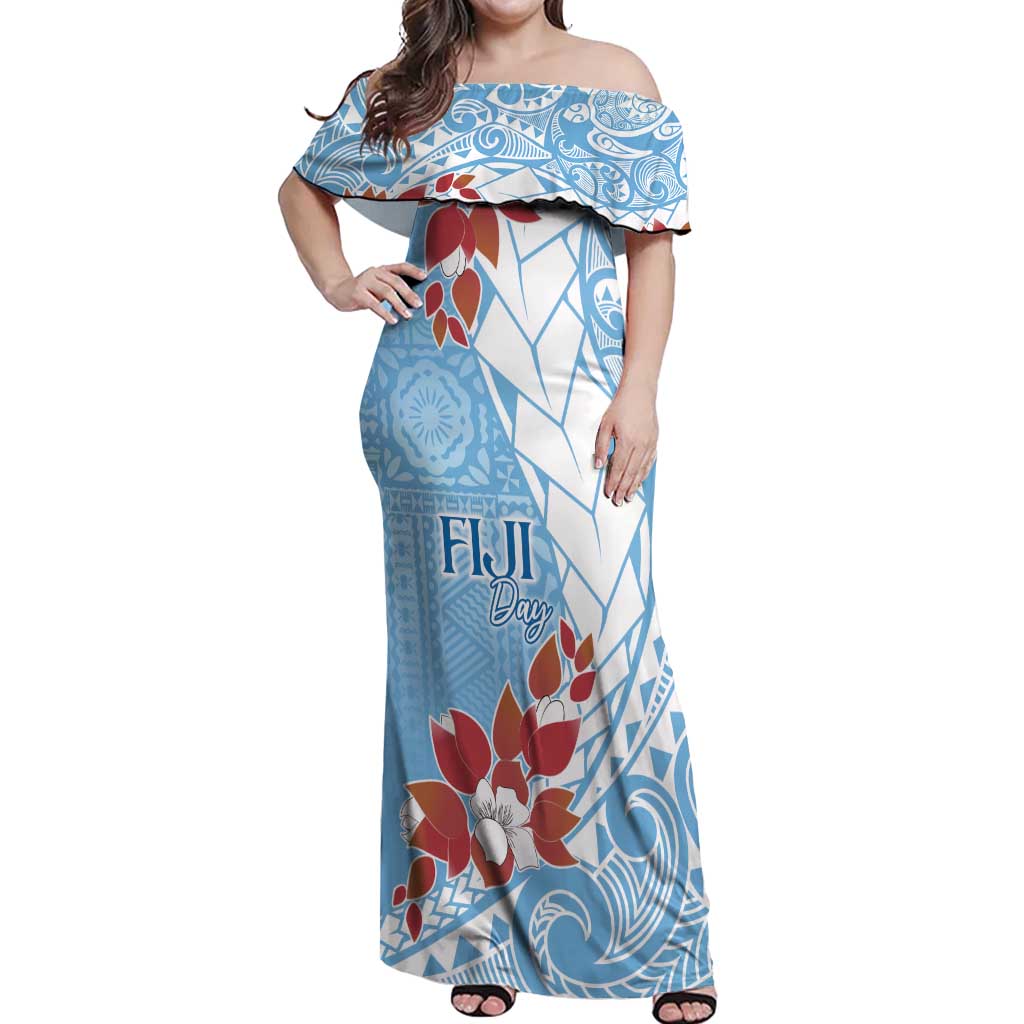 Bula Fiji Day Off Shoulder Maxi Dress Tagimaucia on Masi Pattern - Turquoise