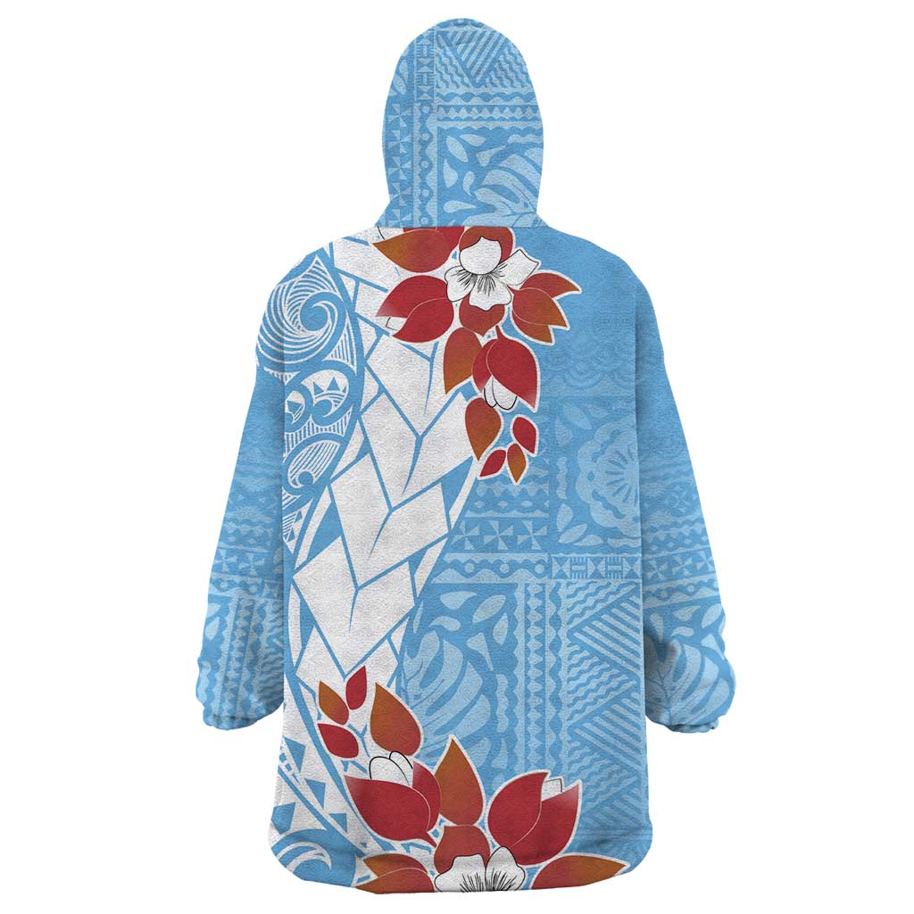 Bula Fiji Day Wearable Blanket Hoodie Tagimaucia on Masi Pattern - Turquoise LT7 - Polynesian Pride