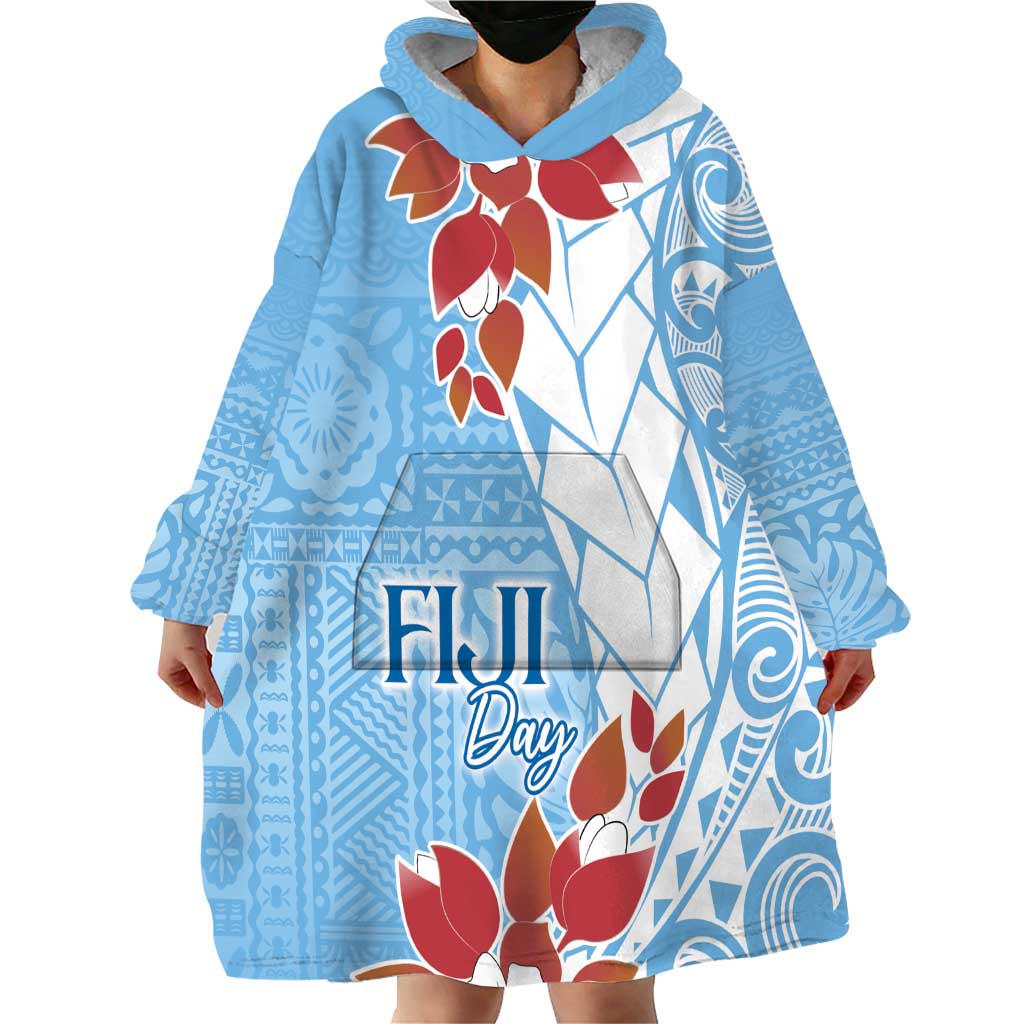 Bula Fiji Day Wearable Blanket Hoodie Tagimaucia on Masi Pattern - Turquoise LT7 - Polynesian Pride