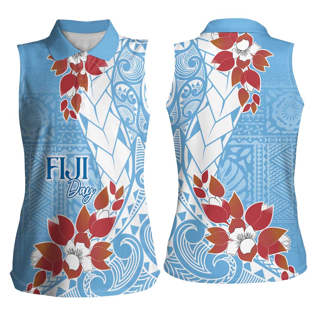Bula Fiji Day Women Sleeveless Polo Shirt Tagimaucia on Masi Pattern - Turquoise