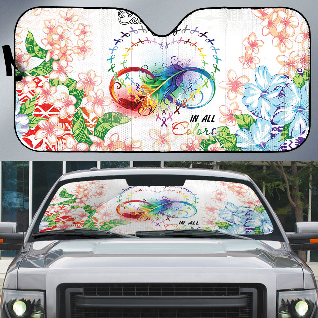 Fight Cancer In All Colors Auto Sun Shade Plumeria Mix Tapa Pattern