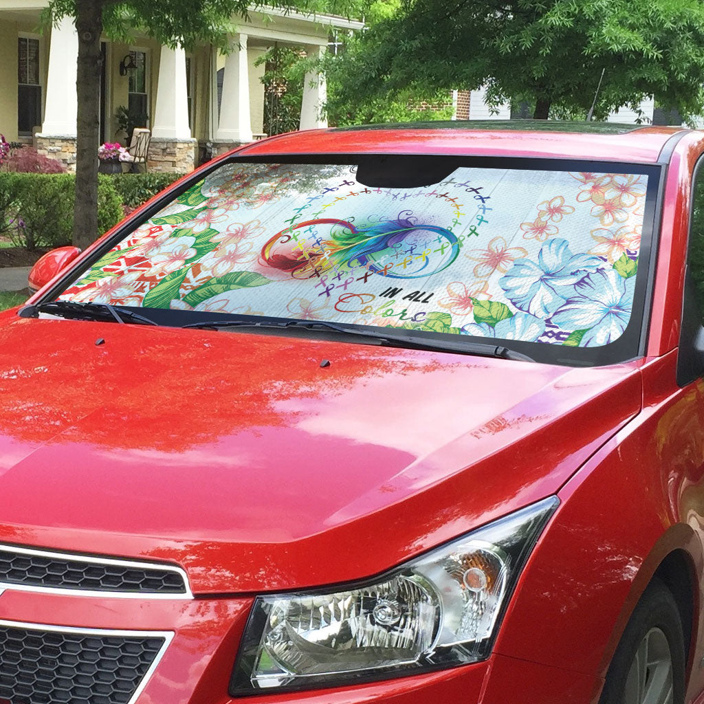 Fight Cancer In All Colors Auto Sun Shade Plumeria Mix Tapa Pattern