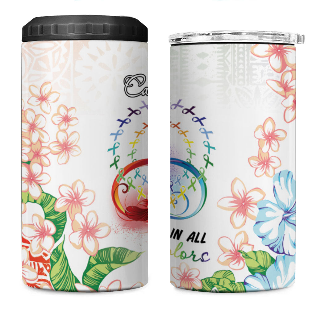 Fight Cancer In All Colors 4 in 1 Can Cooler Tumbler Plumeria Mix Tapa Pattern