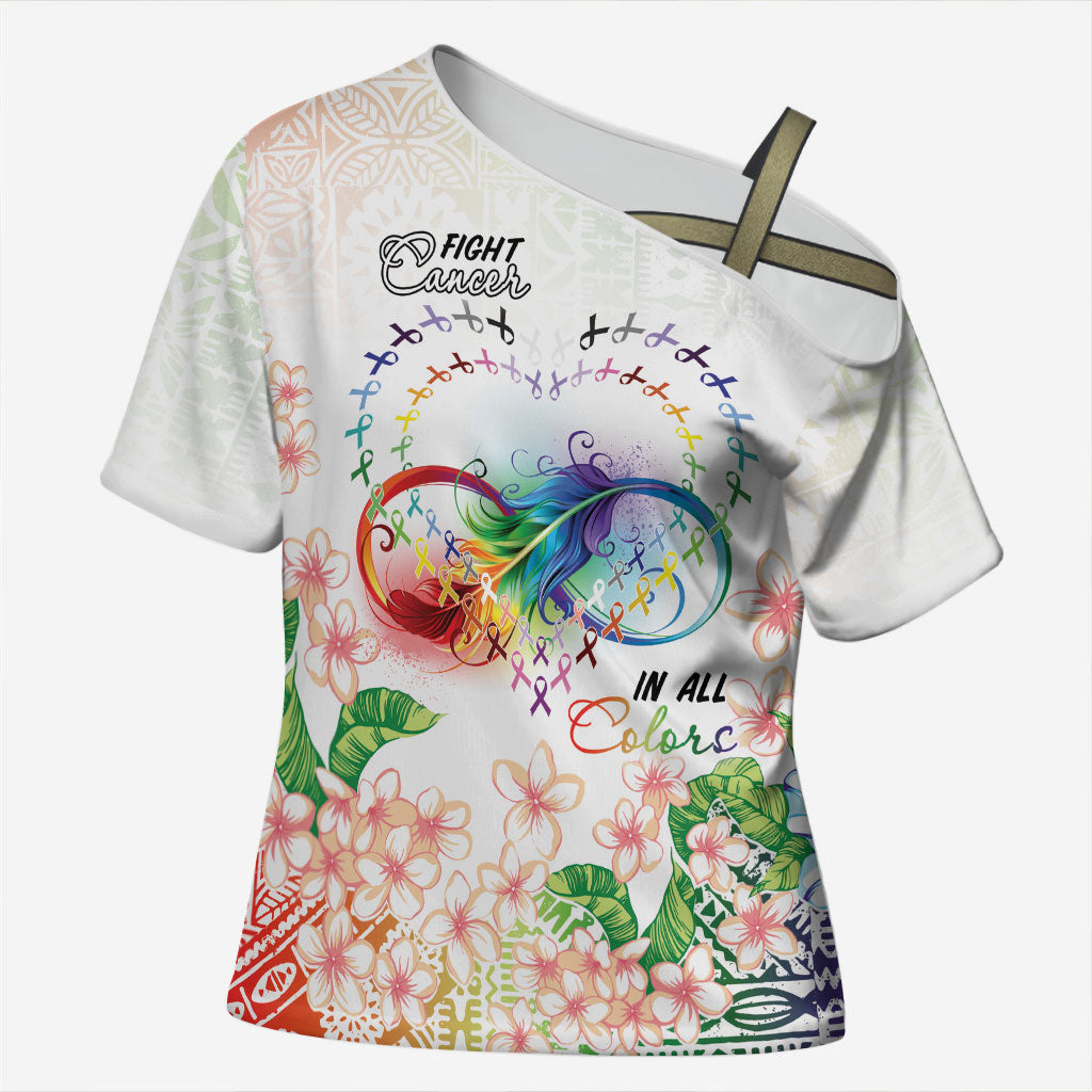 Fight Cancer In All Colors Cross Shoulder Shirt Plumeria Mix Tapa Pattern
