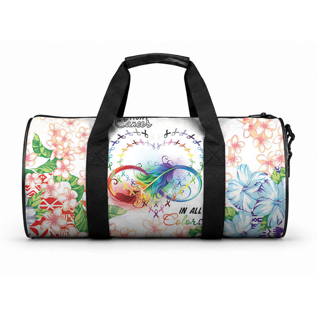 Fight Cancer In All Colors Duffle Bag Plumeria Mix Tapa Pattern