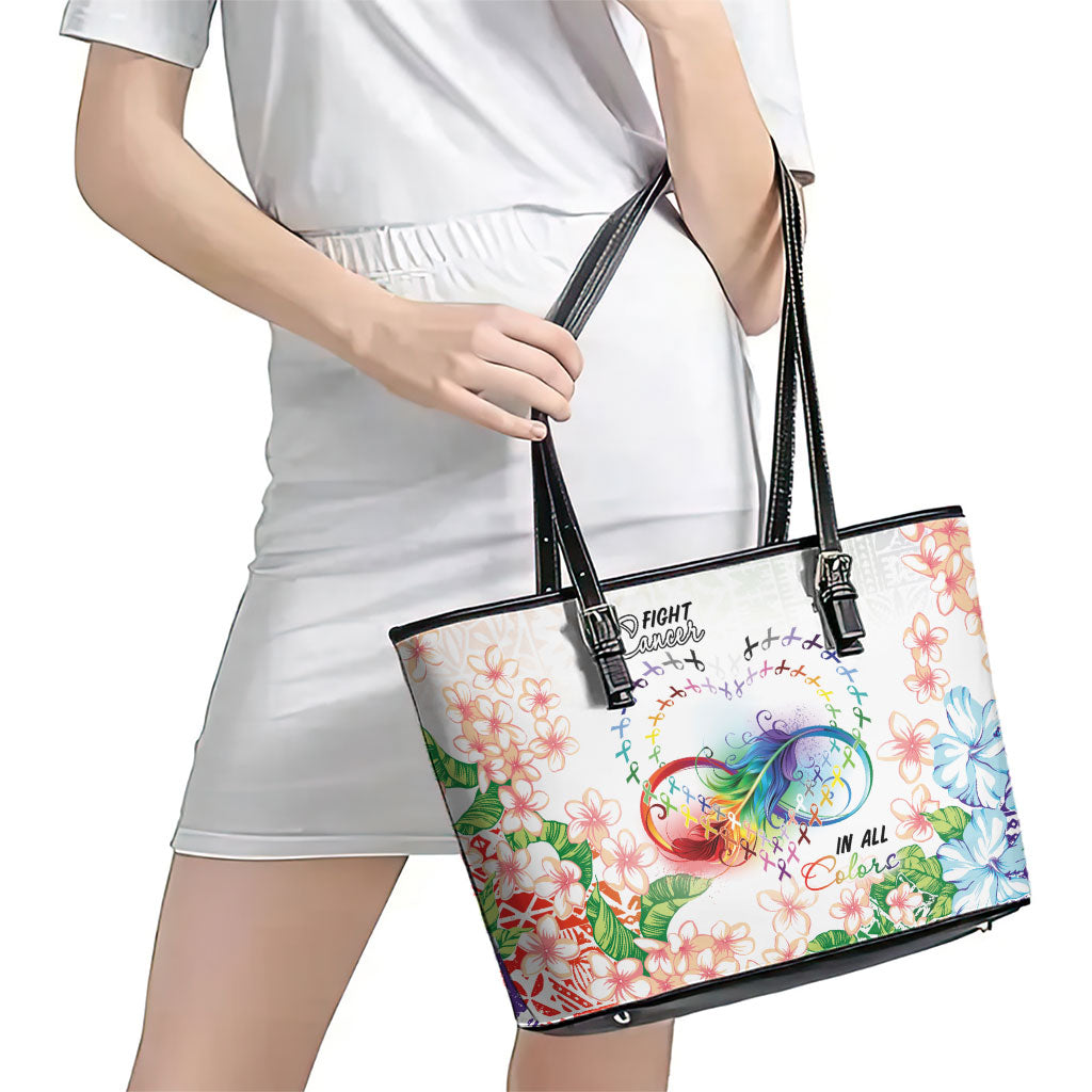Fight Cancer In All Colors Leather Tote Bag Plumeria Mix Tapa Pattern