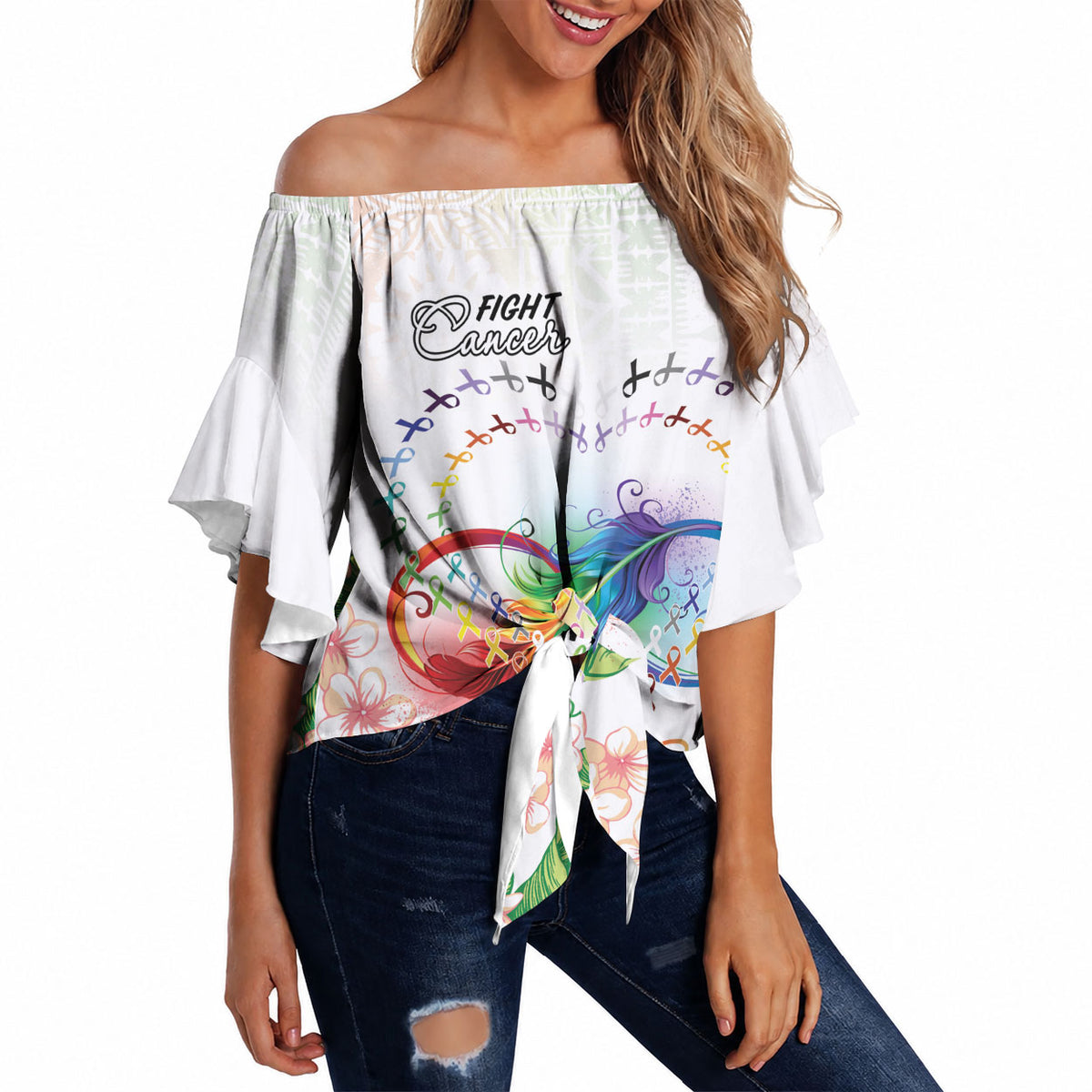 Fight Cancer In All Colors Off Shoulder Wrap Waist Top Plumeria Mix Tapa Pattern
