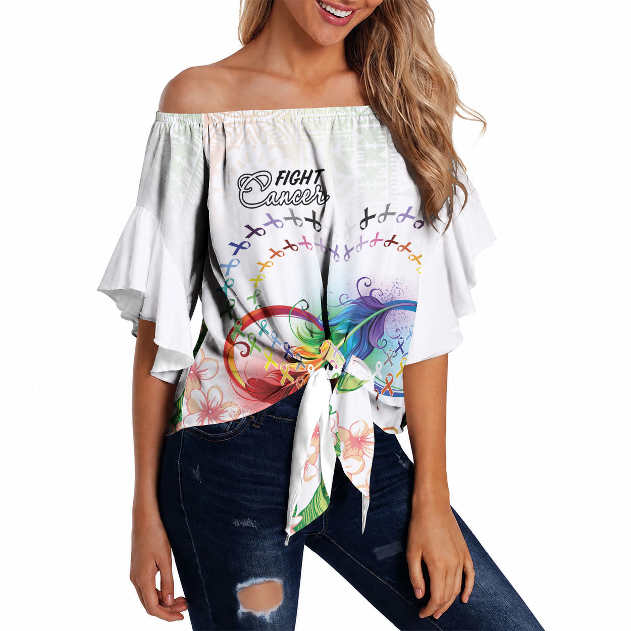 Fight Cancer In All Colors Off Shoulder Wrap Waist Top Plumeria Mix Tapa Pattern
