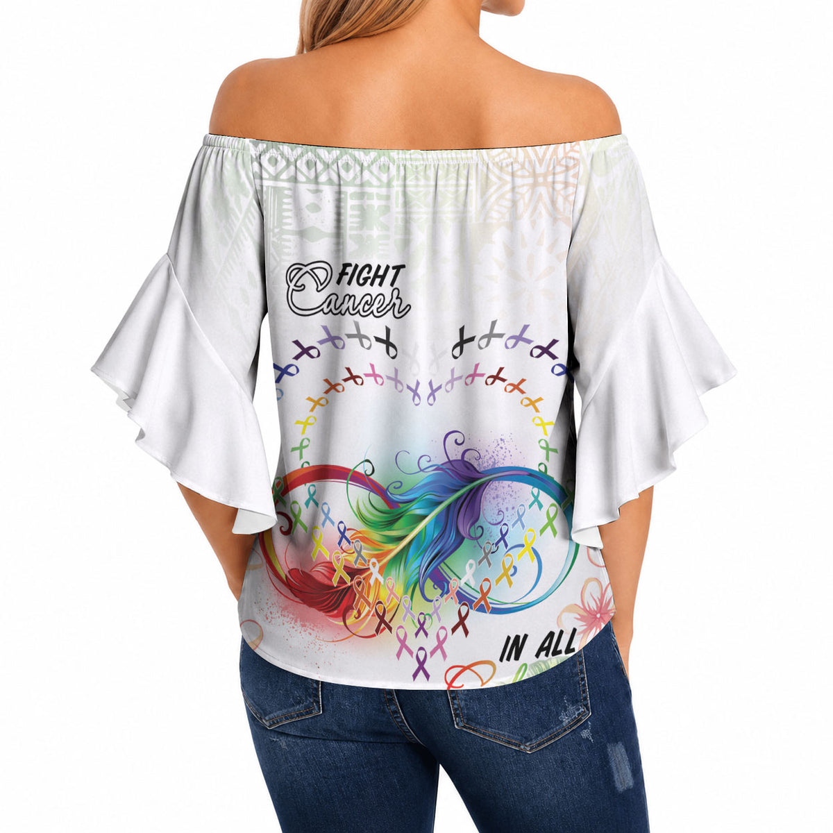 Fight Cancer In All Colors Off Shoulder Wrap Waist Top Plumeria Mix Tapa Pattern