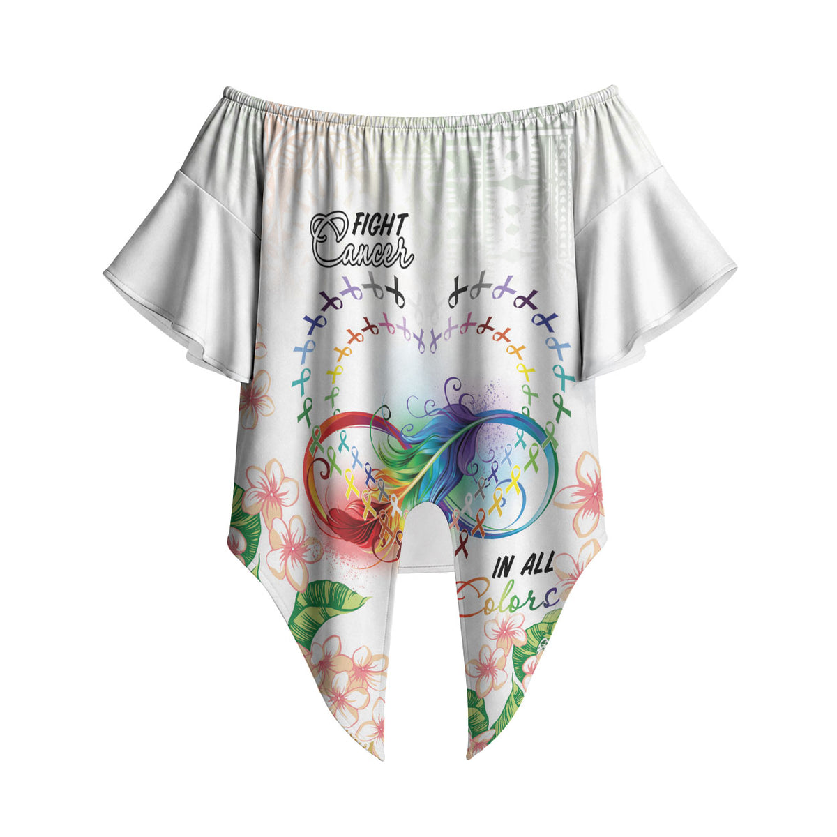 Fight Cancer In All Colors Off Shoulder Wrap Waist Top Plumeria Mix Tapa Pattern