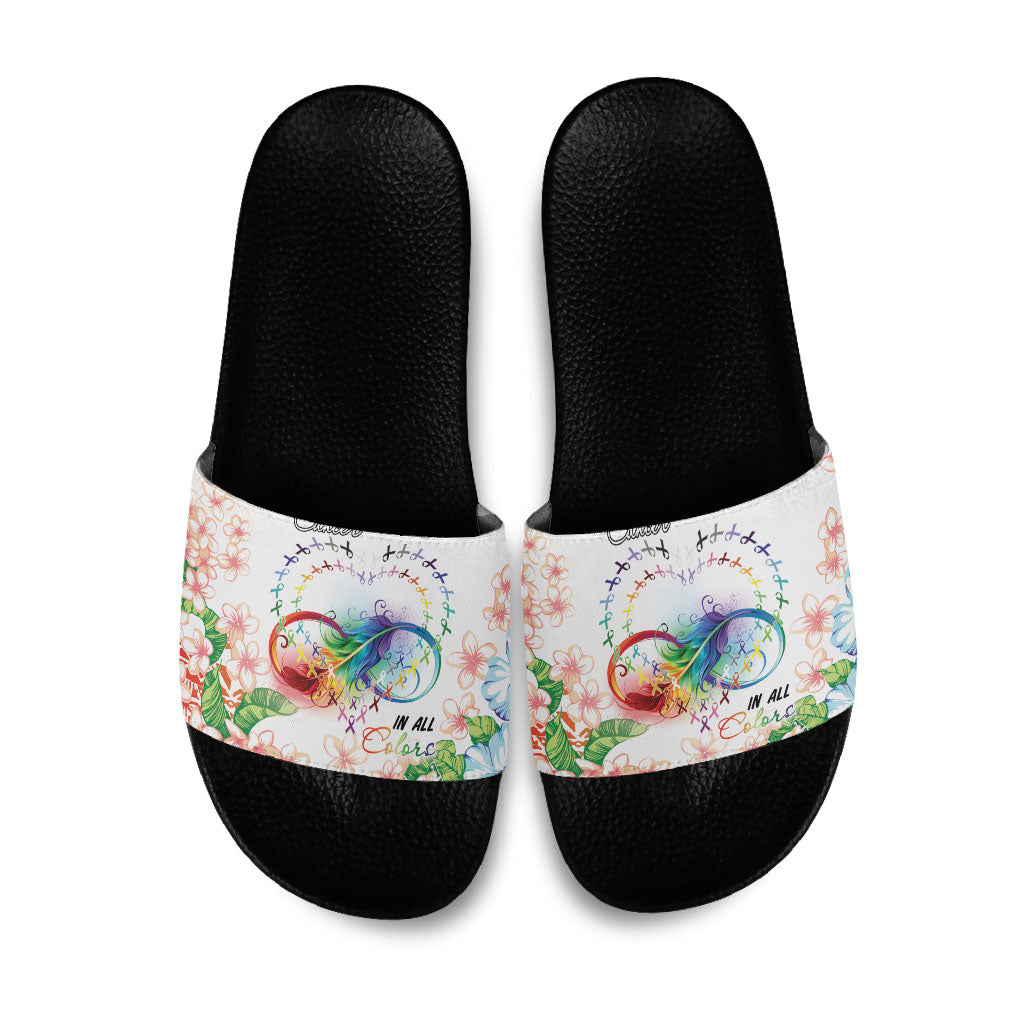 Fight Cancer In All Colors Slide Sandals Plumeria Mix Tapa Pattern