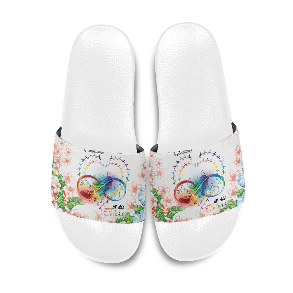 Fight Cancer In All Colors Slide Sandals Plumeria Mix Tapa Pattern