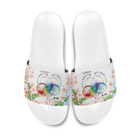 Fight Cancer In All Colors Slide Sandals Plumeria Mix Tapa Pattern