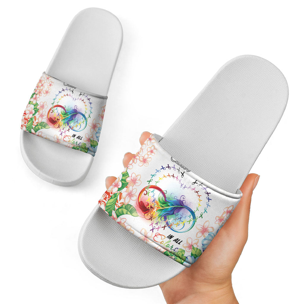 Fight Cancer In All Colors Slide Sandals Plumeria Mix Tapa Pattern
