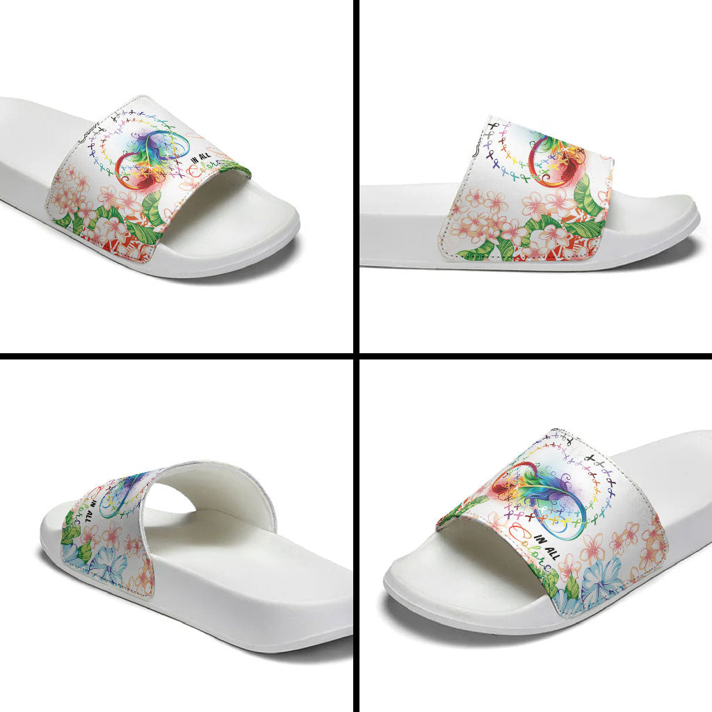 Fight Cancer In All Colors Slide Sandals Plumeria Mix Tapa Pattern