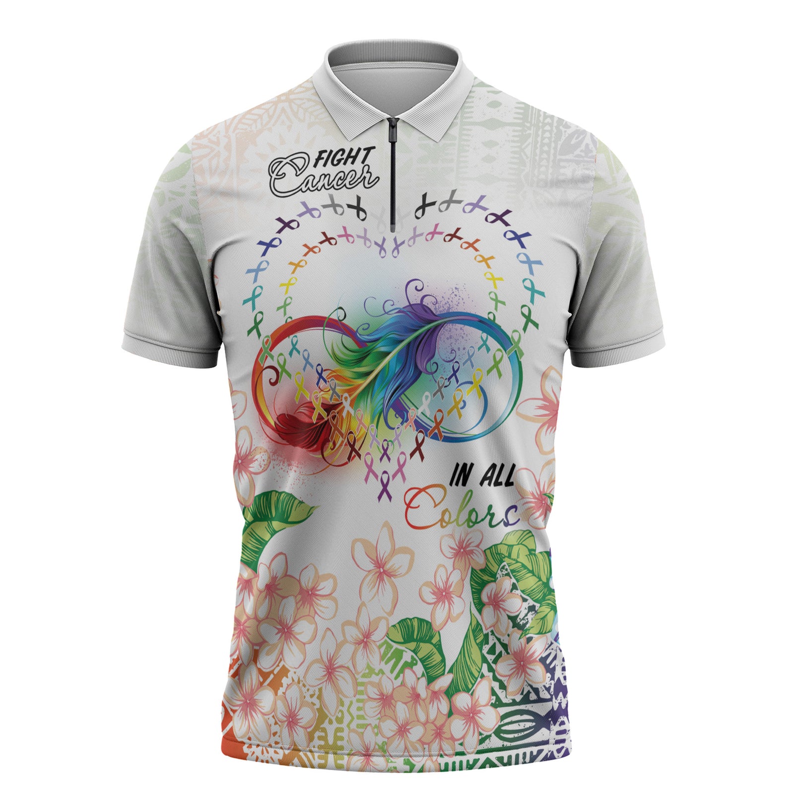 Fight Cancer In All Colors Zipper Polo Shirt Plumeria Mix Tapa Pattern