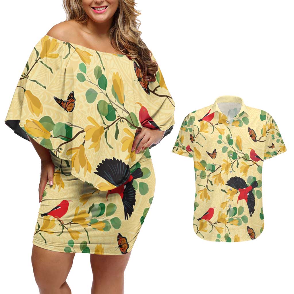 Aloha Hawaii Couples Matching Off Shoulder Short Dress and Hawaiian Shirt I'iwi on Mamane Pastel Cream