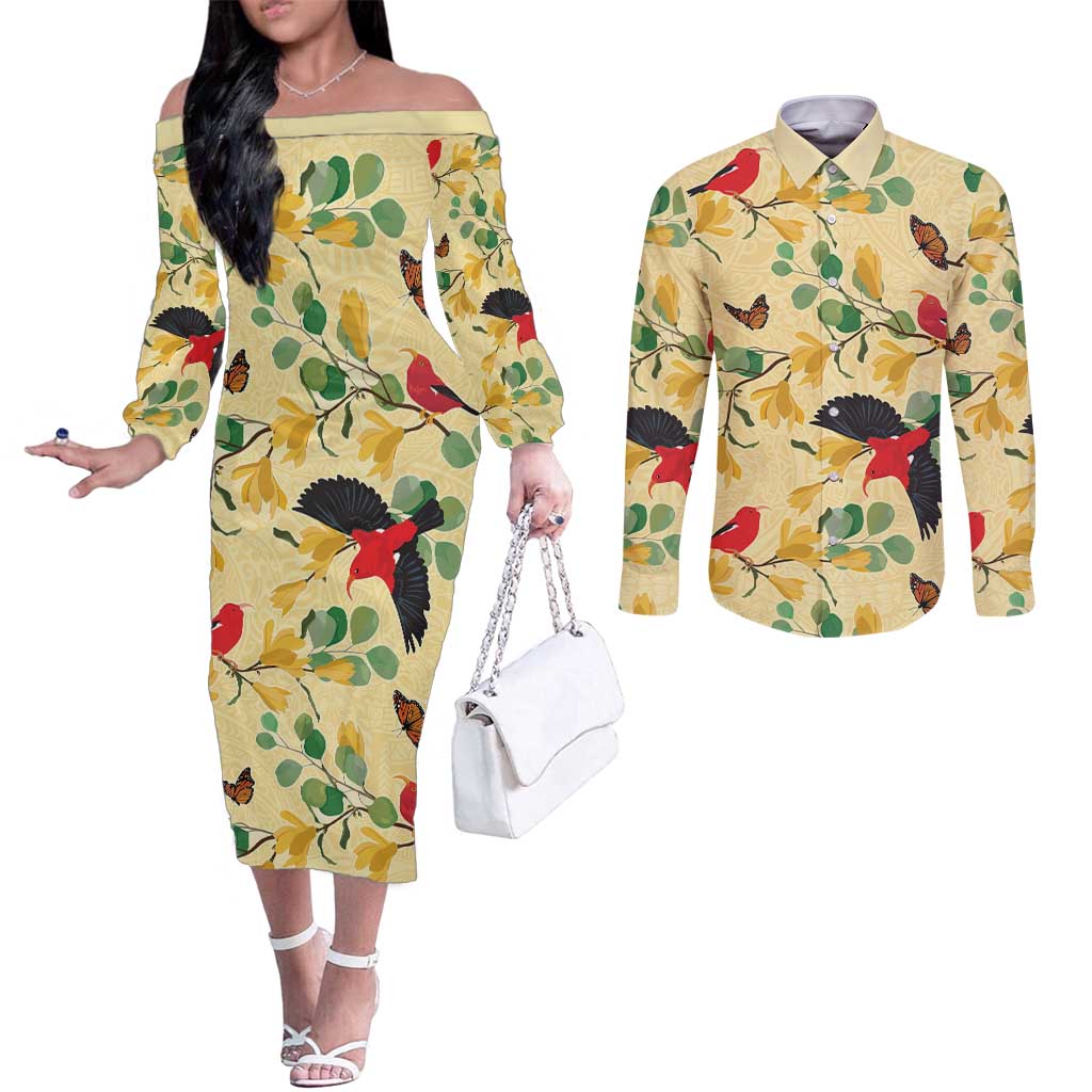 Aloha Hawaii Couples Matching Off The Shoulder Long Sleeve Dress and Long Sleeve Button Shirt I'iwi on Mamane Pastel Cream