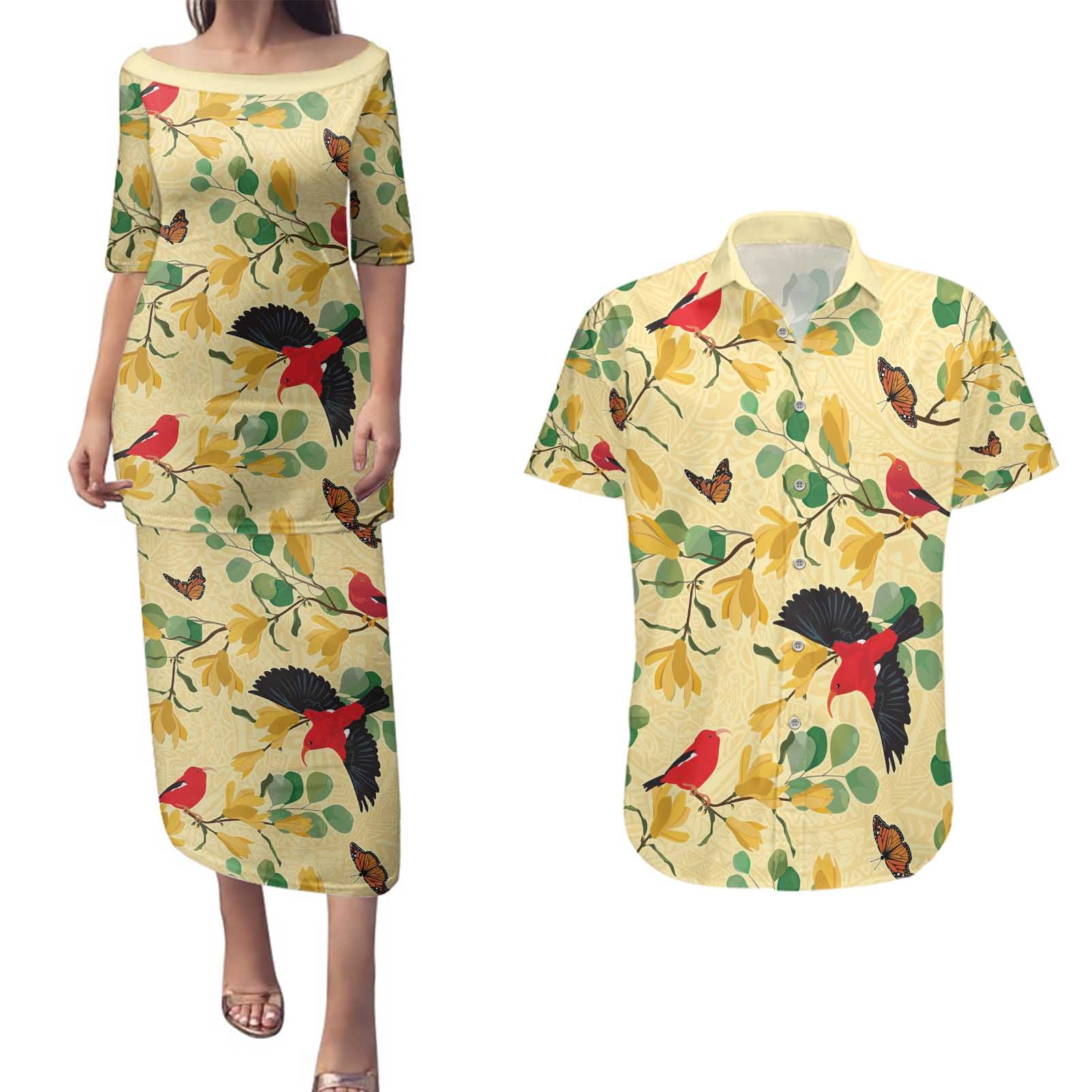 Aloha Hawaii Couples Matching Puletasi and Hawaiian Shirt I'iwi on Mamane Pastel Cream