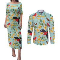 Aloha Hawaii Couples Matching Puletasi and Long Sleeve Button Shirt I'iwi on Mamane Pastel Turquoise