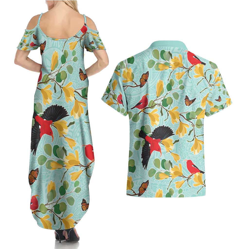 Aloha Hawaii Couples Matching Summer Maxi Dress and Hawaiian Shirt I'iwi on Mamane Pastel Turquoise