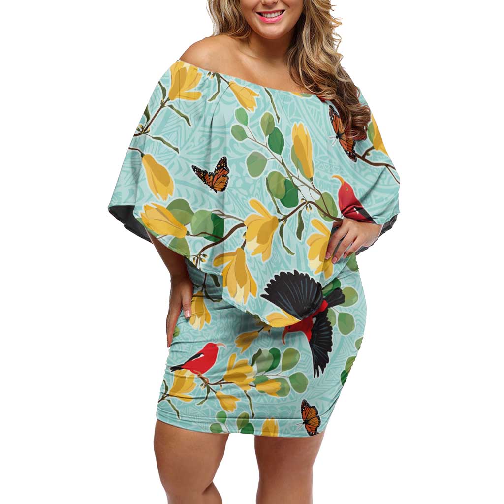 Aloha Hawaii Family Matching Off Shoulder Short Dress and Hawaiian Shirt I'iwi on Mamane Pastel Turquoise