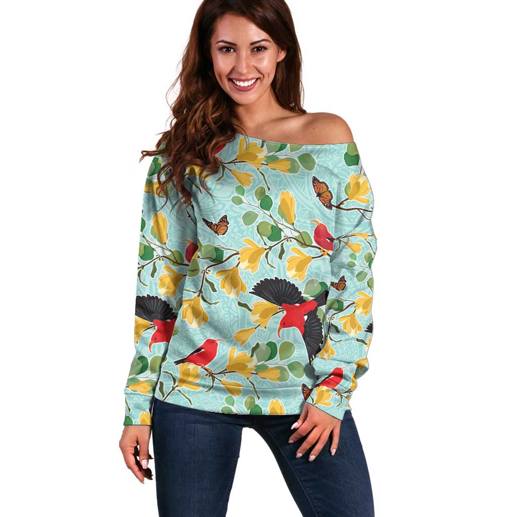 Aloha Hawaii Off Shoulder Sweater I'iwi on Mamane Pastel Turquoise