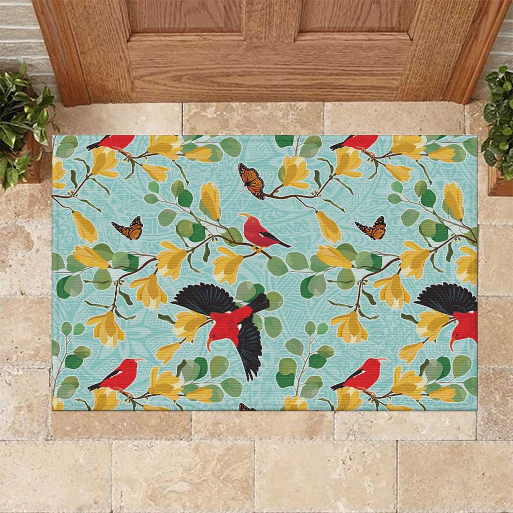 Aloha Hawaii Rubber Doormat I'iwi on Mamane Pastel Turquoise