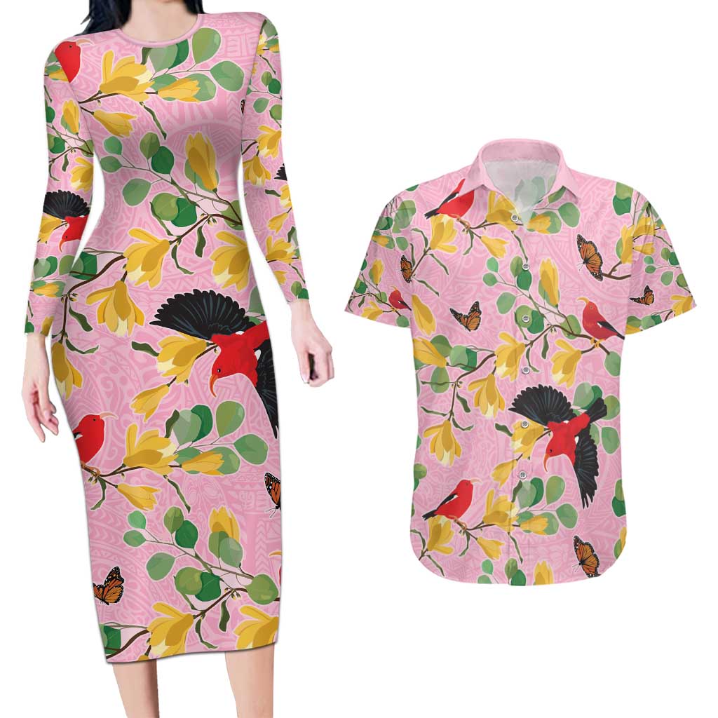 Aloha Hawaii Couples Matching Long Sleeve Bodycon Dress and Hawaiian Shirt I'iwi on Mamane Pastel Pink