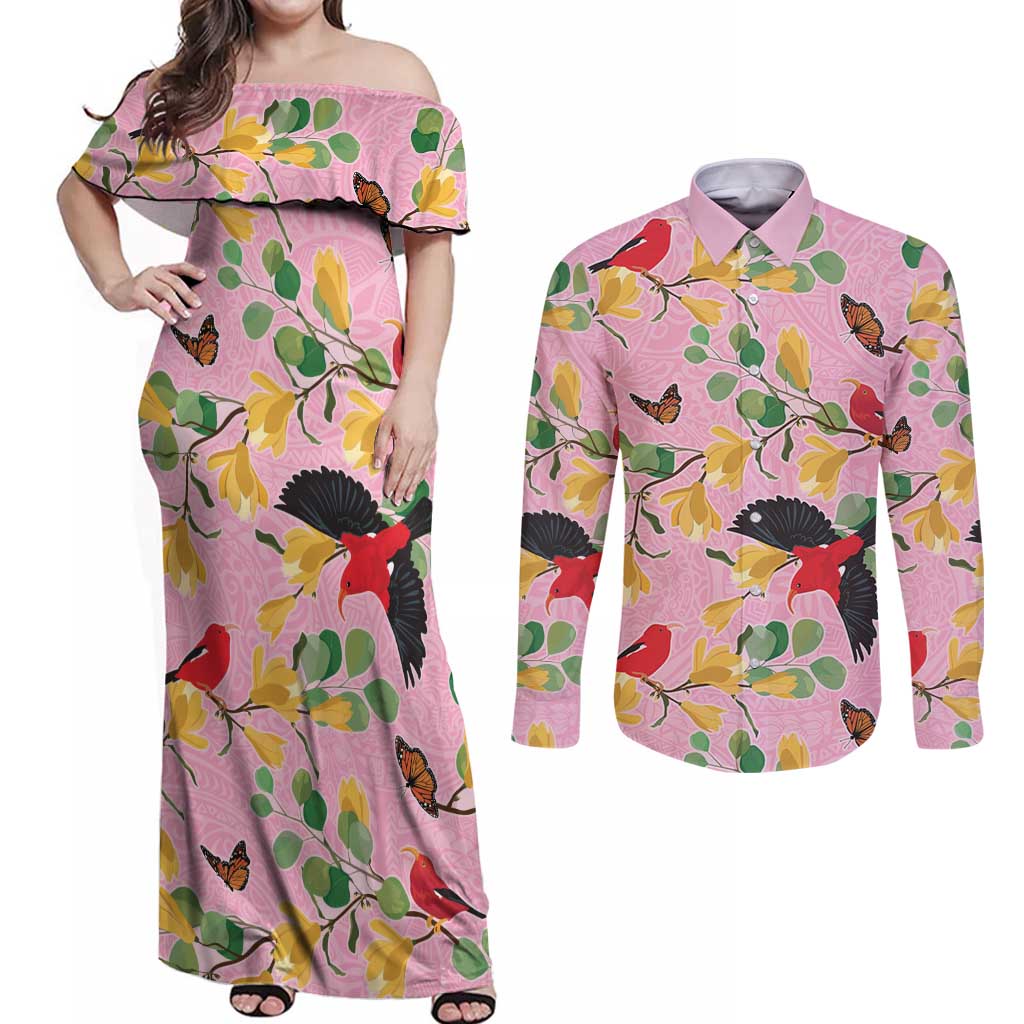 Aloha Hawaii Couples Matching Off Shoulder Maxi Dress and Long Sleeve Button Shirt I'iwi on Mamane Pastel Pink