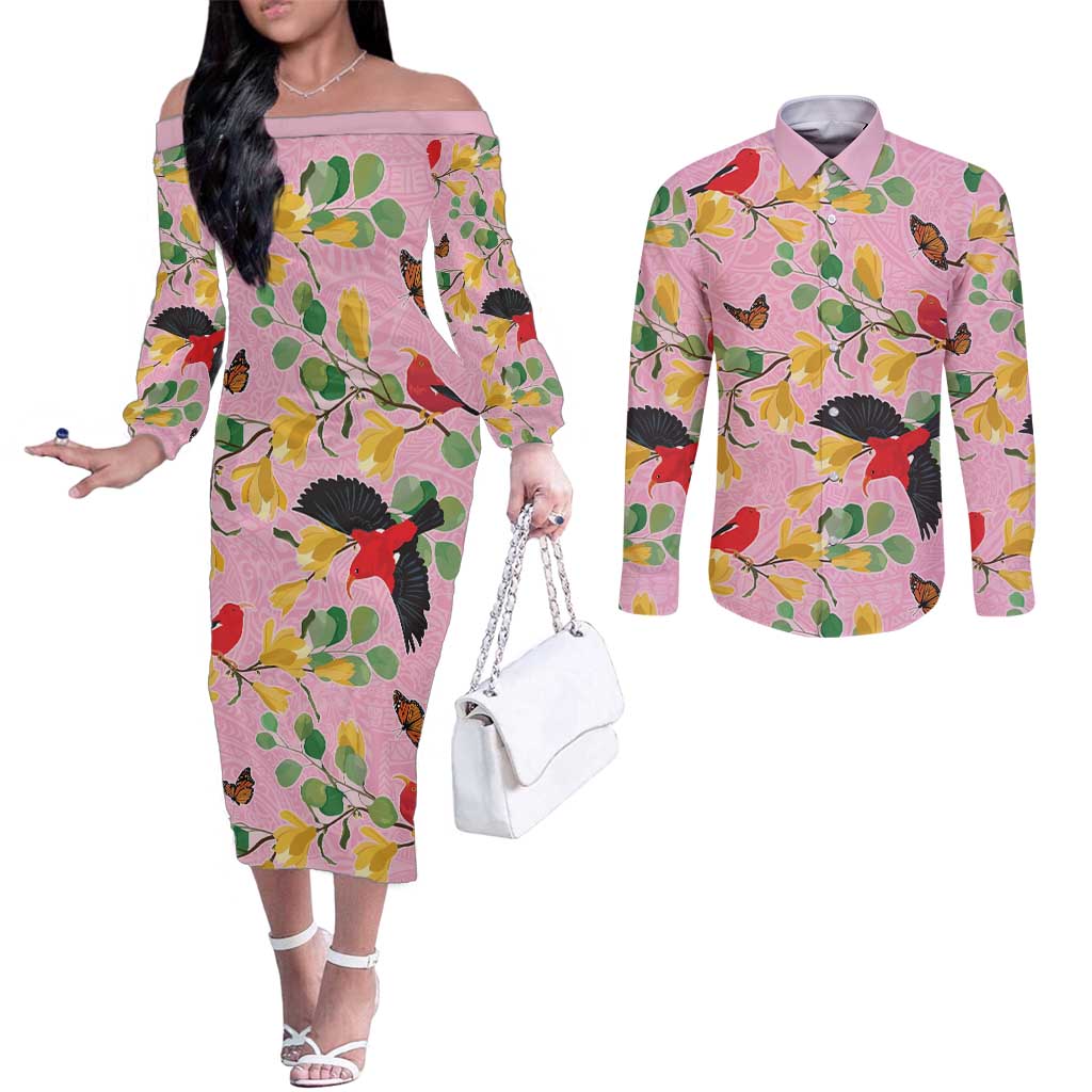 Aloha Hawaii Couples Matching Off The Shoulder Long Sleeve Dress and Long Sleeve Button Shirt I'iwi on Mamane Pastel Pink