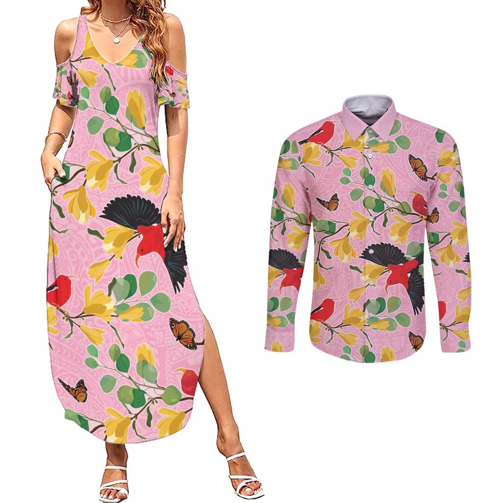 Aloha Hawaii Couples Matching Summer Maxi Dress and Long Sleeve Button Shirt I'iwi on Mamane Pastel Pink