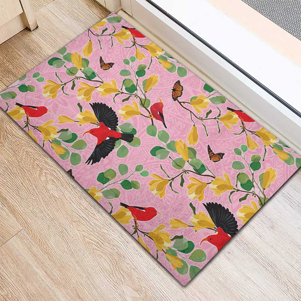 Aloha Hawaii Rubber Doormat I'iwi on Mamane Pastel Pink
