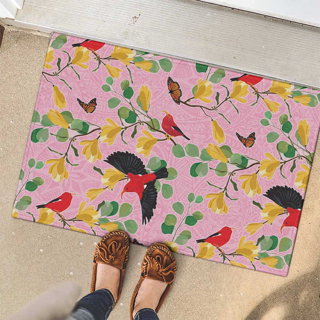 Aloha Hawaii Rubber Doormat I'iwi on Mamane Pastel Pink