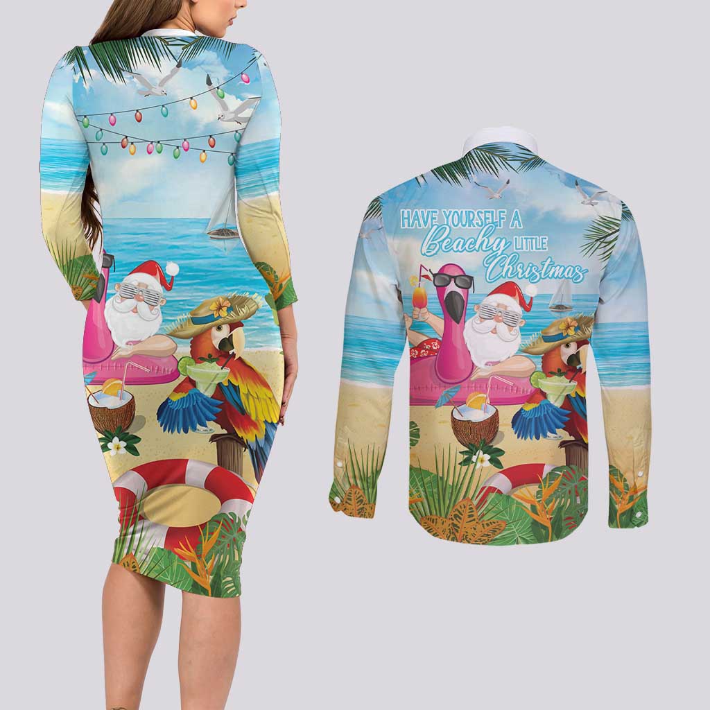 Have Yourself A Beachy Little Christmas Couples Matching Long Sleeve Bodycon Dress and Long Sleeve Button Shirt with Santa Chilling - Polynesian Pride