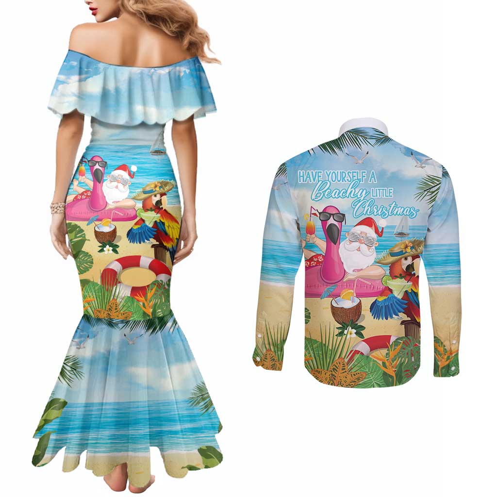 Have Yourself A Beachy Little Christmas Couples Matching Mermaid Dress and Long Sleeve Button Shirt with Santa Chilling - Polynesian Pride