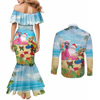 Have Yourself A Beachy Little Christmas Couples Matching Mermaid Dress and Long Sleeve Button Shirt with Santa Chilling - Polynesian Pride