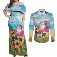 Have Yourself A Beachy Little Christmas Couples Matching Off Shoulder Maxi Dress and Long Sleeve Button Shirt with Santa Chilling LT7 Colorful - Polynesian Pride