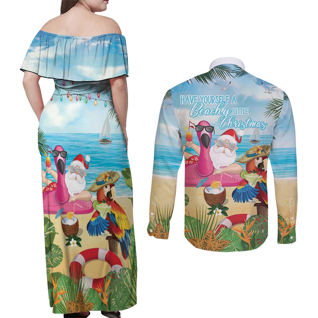 Have Yourself A Beachy Little Christmas Couples Matching Off Shoulder Maxi Dress and Long Sleeve Button Shirt with Santa Chilling LT7 - Polynesian Pride