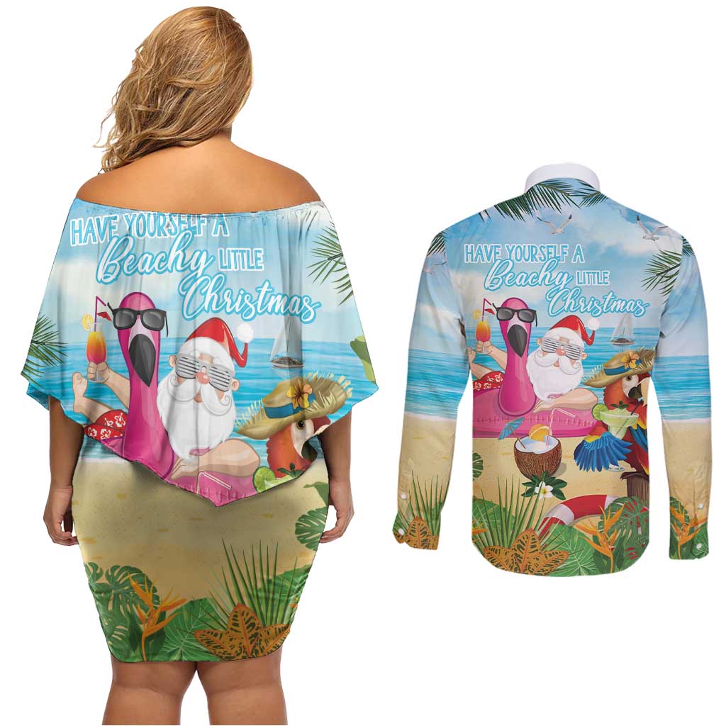Have Yourself A Beachy Little Christmas Couples Matching Off Shoulder Short Dress and Long Sleeve Button Shirt with Santa Chilling LT7 - Polynesian Pride