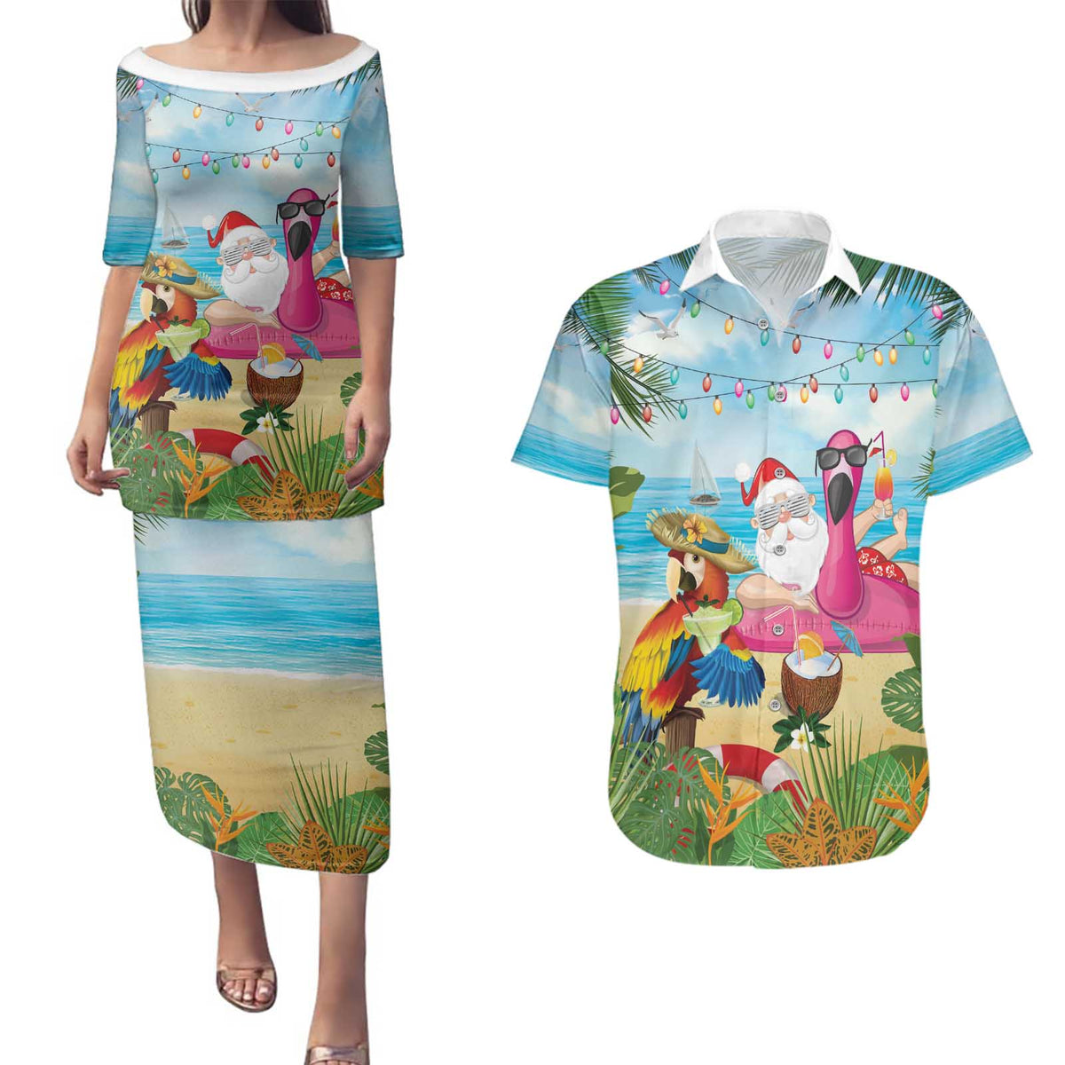 Have Yourself A Beachy Little Christmas Couples Matching Puletasi and Hawaiian Shirt with Santa Chilling LT7 Colorful - Polynesian Pride