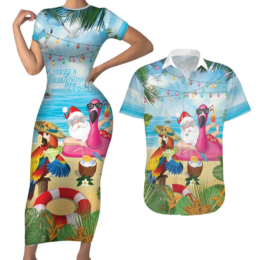 Have Yourself A Beachy Little Christmas Couples Matching Short Sleeve Bodycon Dress and Hawaiian Shirt with Santa Chilling - Polynesian Pride