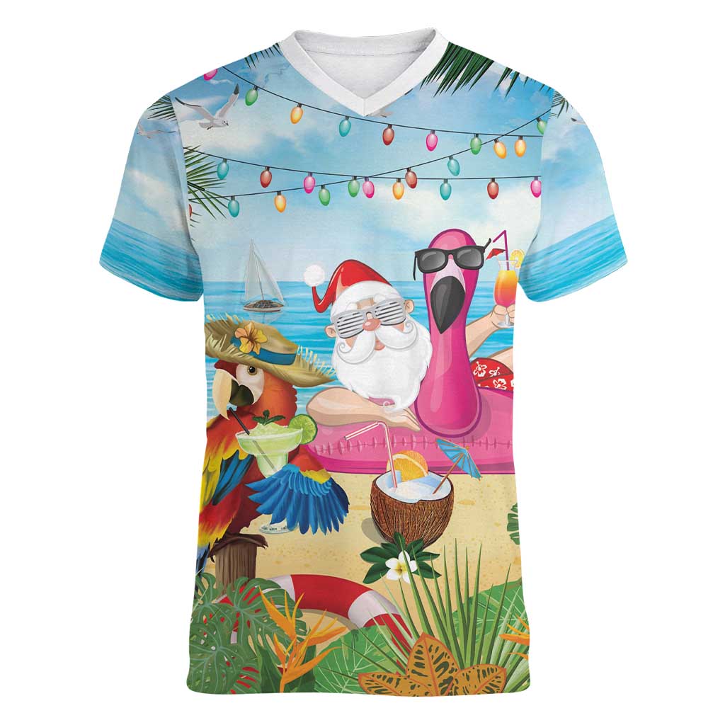 Have Yourself A Beachy Little Christmas Women V-Neck T-Shirt with Santa Chilling - Polynesian Pride