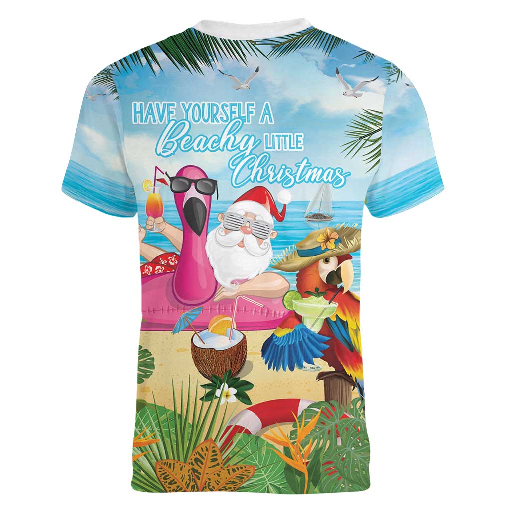 Have Yourself A Beachy Little Christmas Women V-Neck T-Shirt with Santa Chilling - Polynesian Pride
