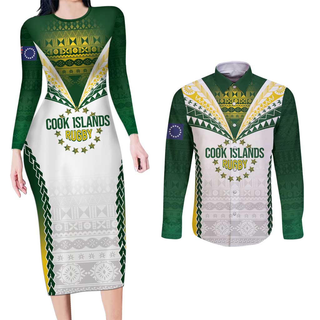 Cook Islands Rugby Custom Couples Matching Long Sleeve Bodycon Dress and Long Sleeve Button Shirt Kuki's Aitu Champions - Polynesian Pride