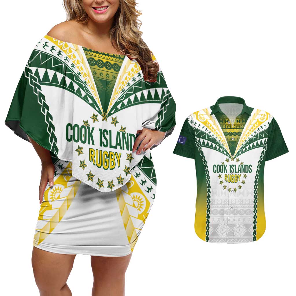 Cook Islands Rugby Custom Couples Matching Off Shoulder Short Dress and Hawaiian Shirt Kuki's Aitu Champions - Polynesian Pride
