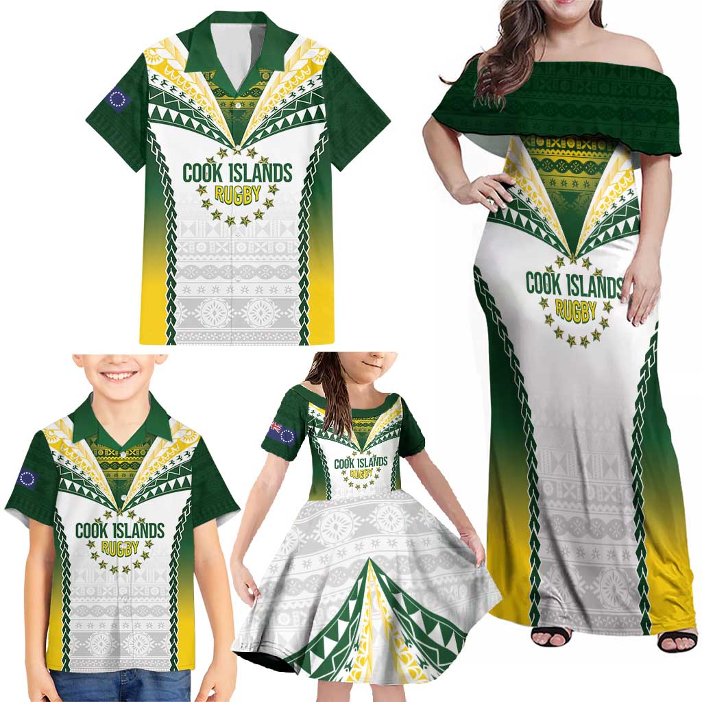 Cook Islands Rugby Custom Family Matching Off Shoulder Maxi Dress and Hawaiian Shirt Kuki's Aitu Champions - Polynesian Pride