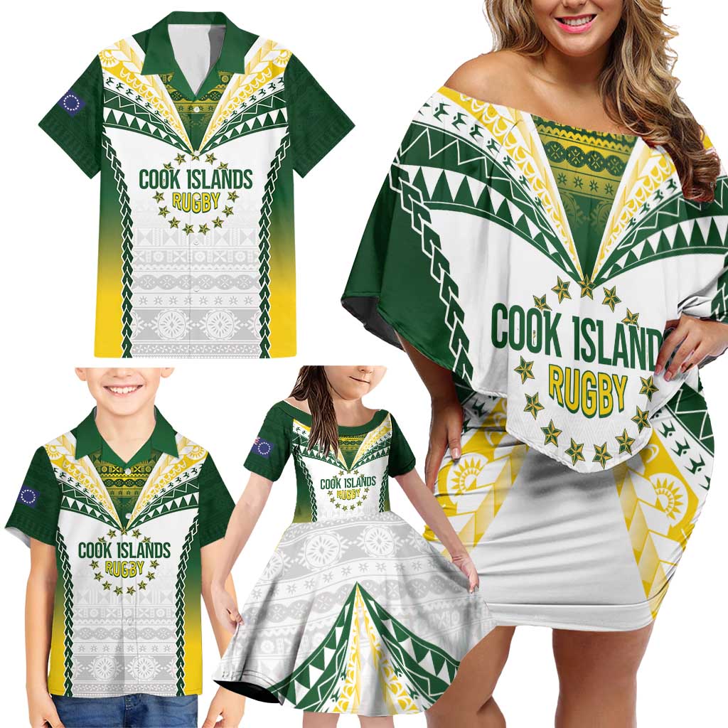 Cook Islands Rugby Custom Family Matching Off Shoulder Short Dress and Hawaiian Shirt Kuki's Aitu Champions - Polynesian Pride